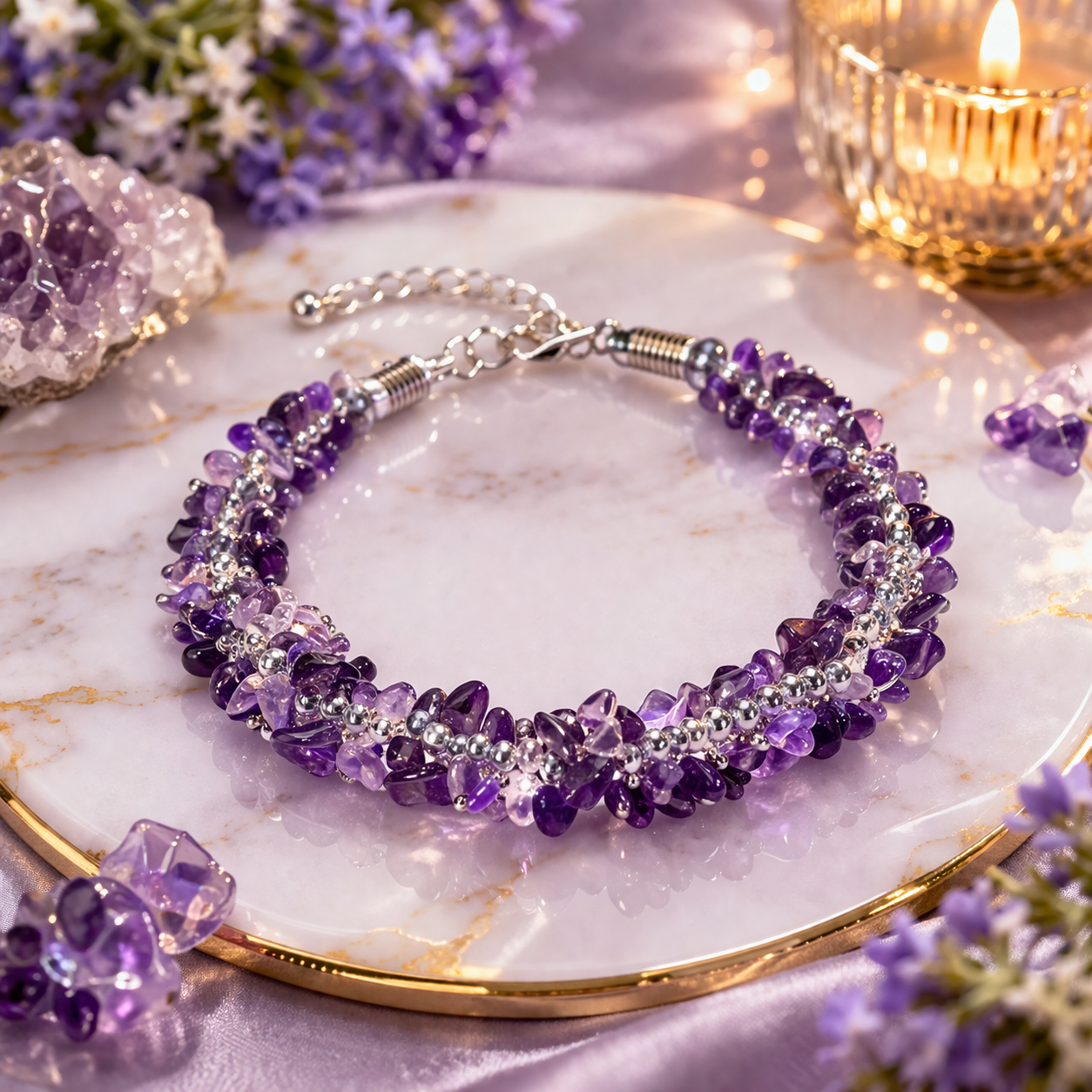 Divine Amethyst Chip Bracelet - Healing , Protection & Calm Energy Bracelet (8mm)