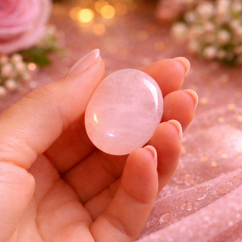 Rose Quartz Healing Palm Stone – Love Attraction & Emotional Healing Crystal