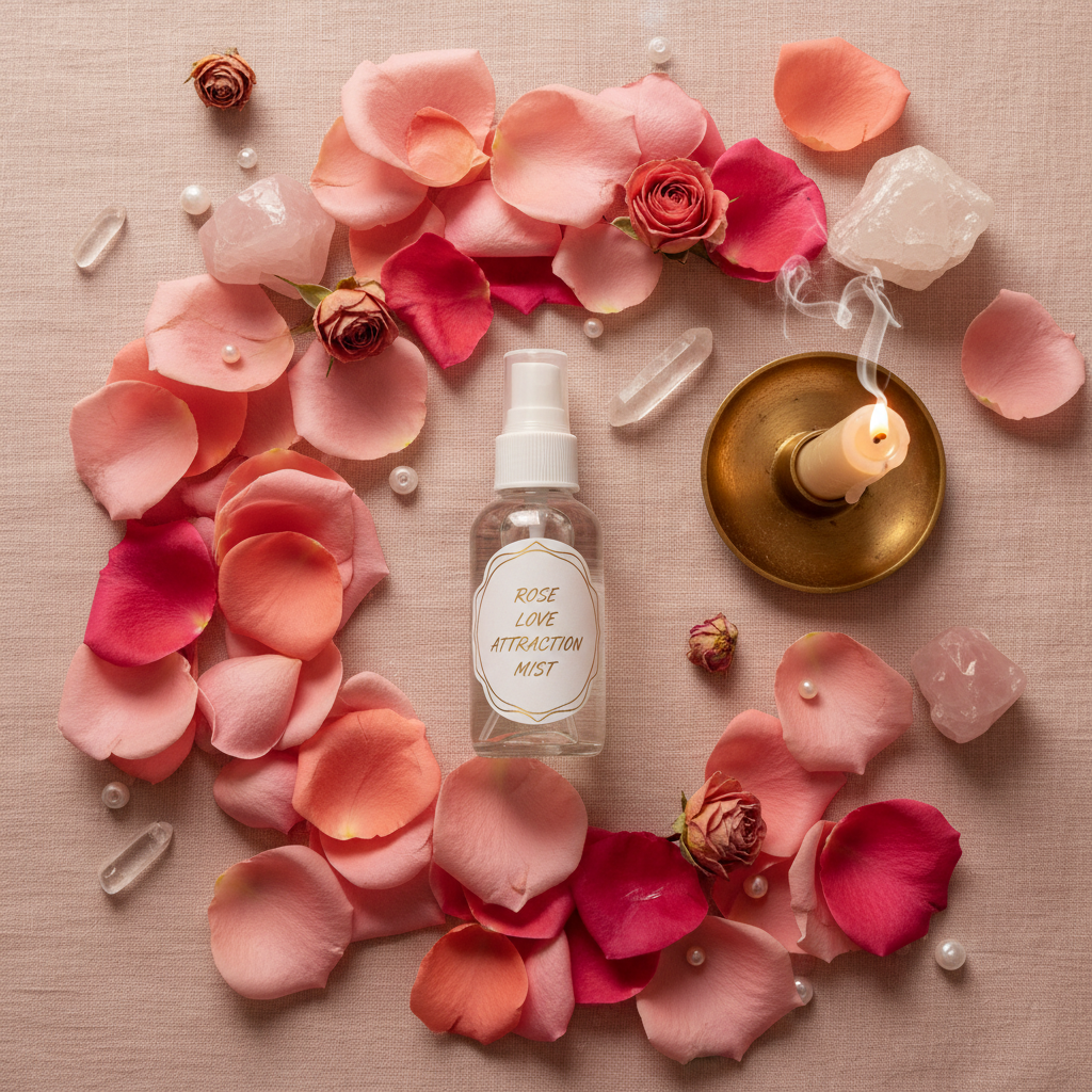 Divine Love Attraction Mist spray bottle lifestyle flat lay with rose petals and crystals